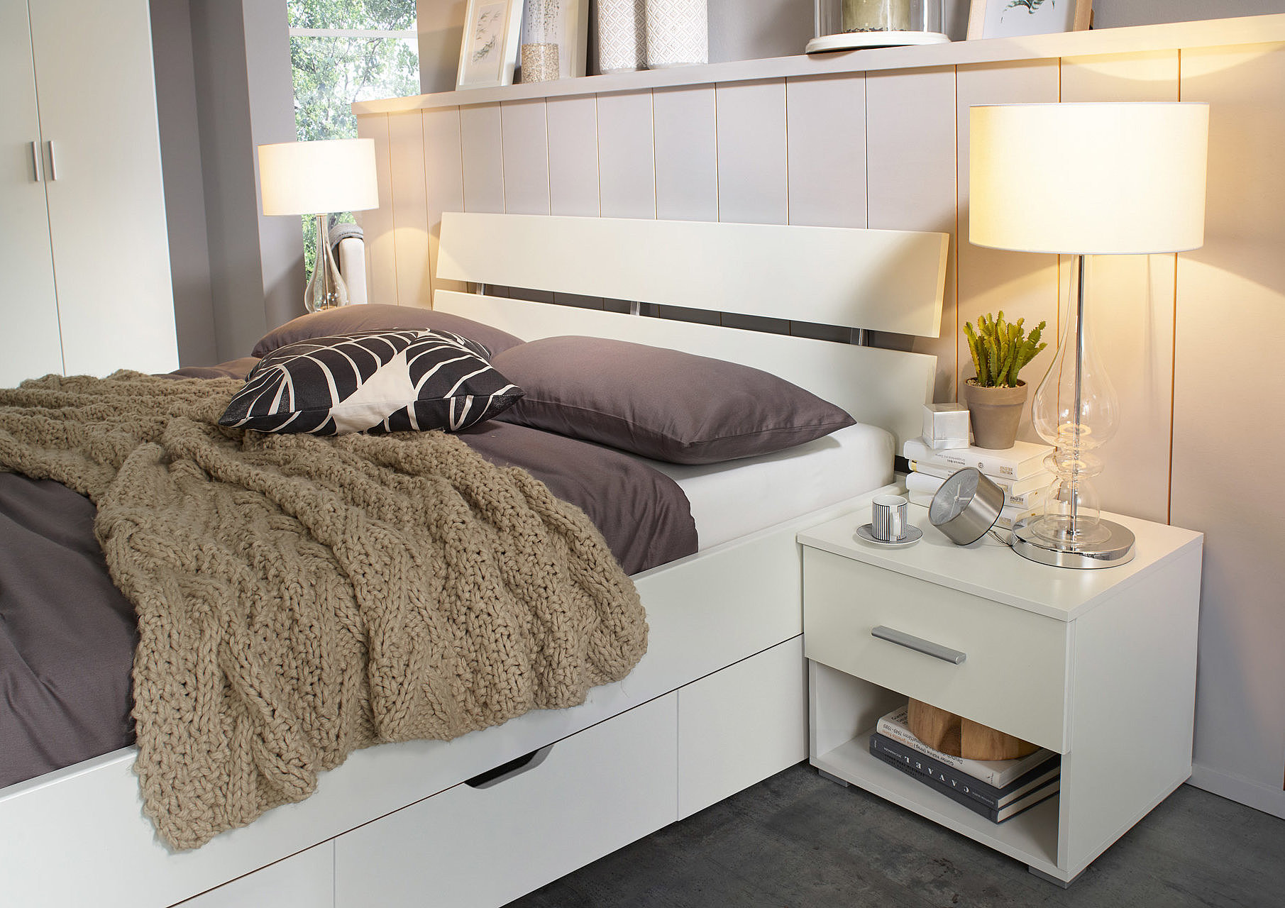 Bed with storage space - nightstand - white