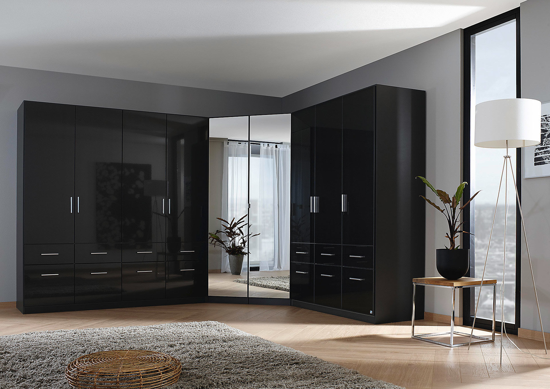 Bedroom wardrobe - Black - Corner wardrobe - Mirror